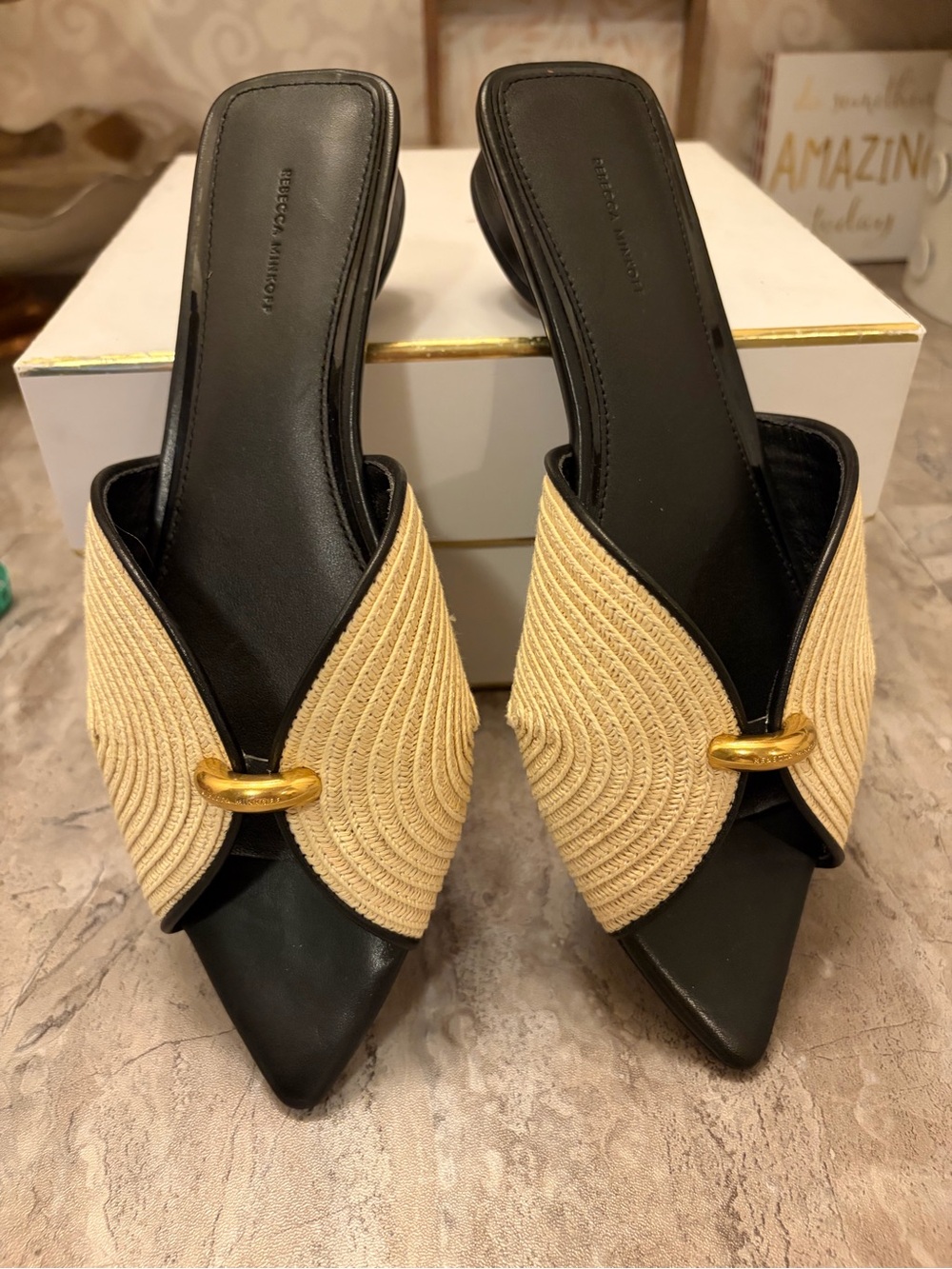 Rebecca Minkoff Black & Beige Raffia Pointed Slide Sandals with Gold Accent